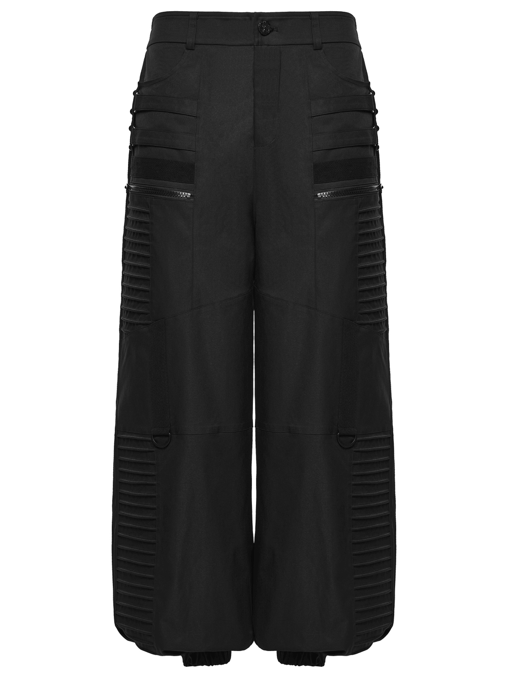 Black Techwear Wide Leg Pants with Pressed Strips