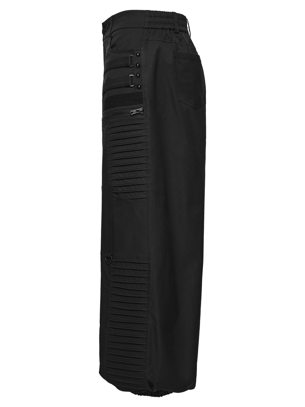 Black Techwear Wide Leg Pants with Pressed Strips