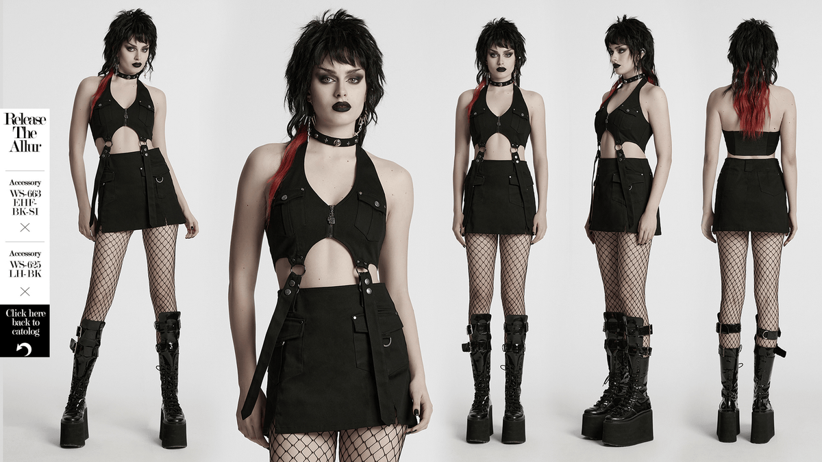 Black Twill Punk Harness Dress with Zipper and Straps