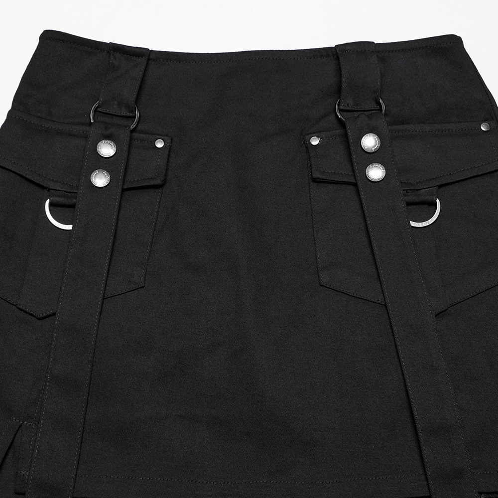Black Twill Punk Harness Dress with Zipper and Straps