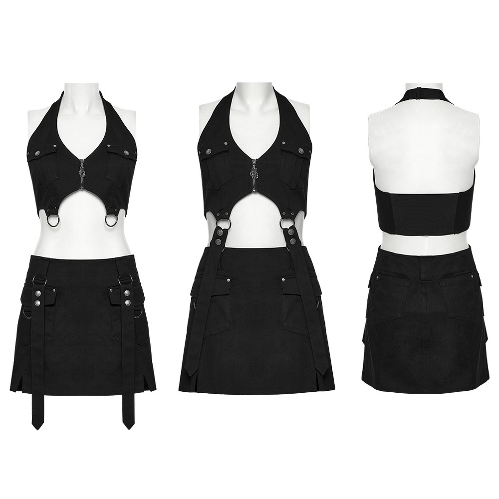 Black Twill Punk Harness Dress with Zipper and Straps