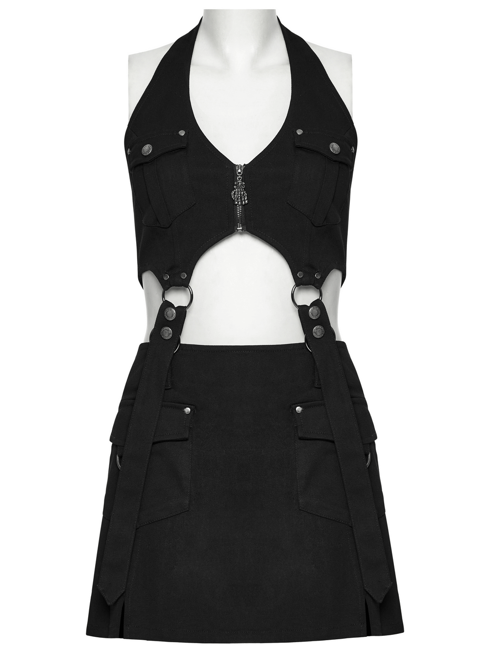 Black Twill Punk Harness Dress with Zipper and Straps