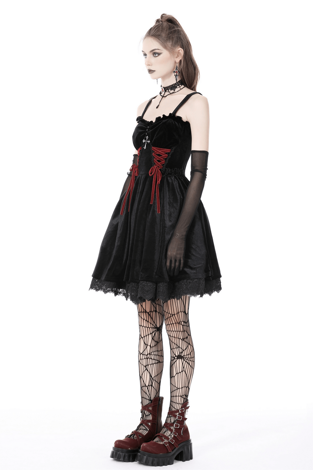 Black Velvet Gothic Mini Dress with Cross Detail
