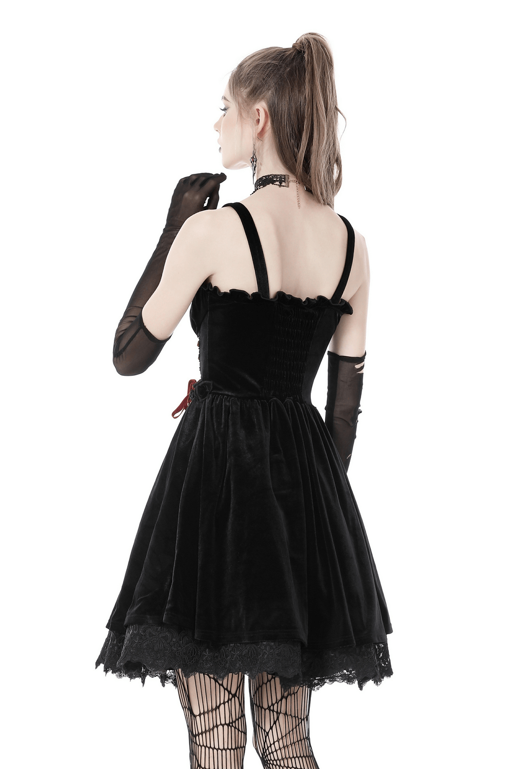 Black Velvet Gothic Mini Dress with Cross Detail