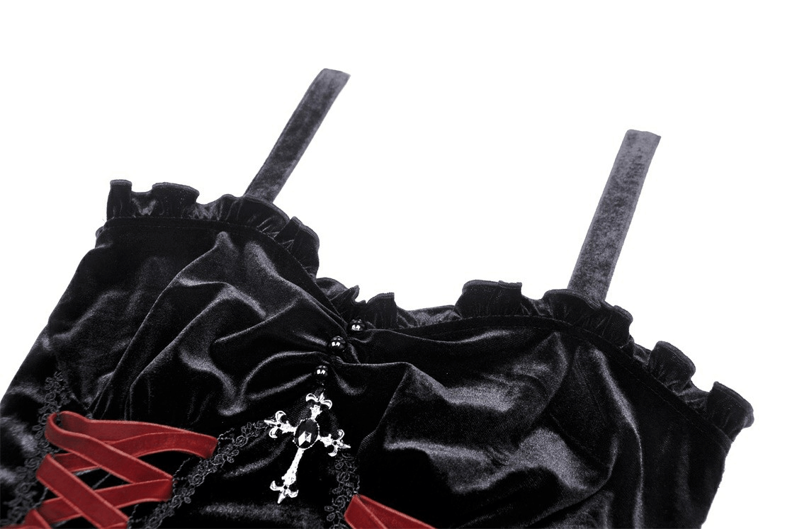 Black Velvet Gothic Mini Dress with Cross Detail