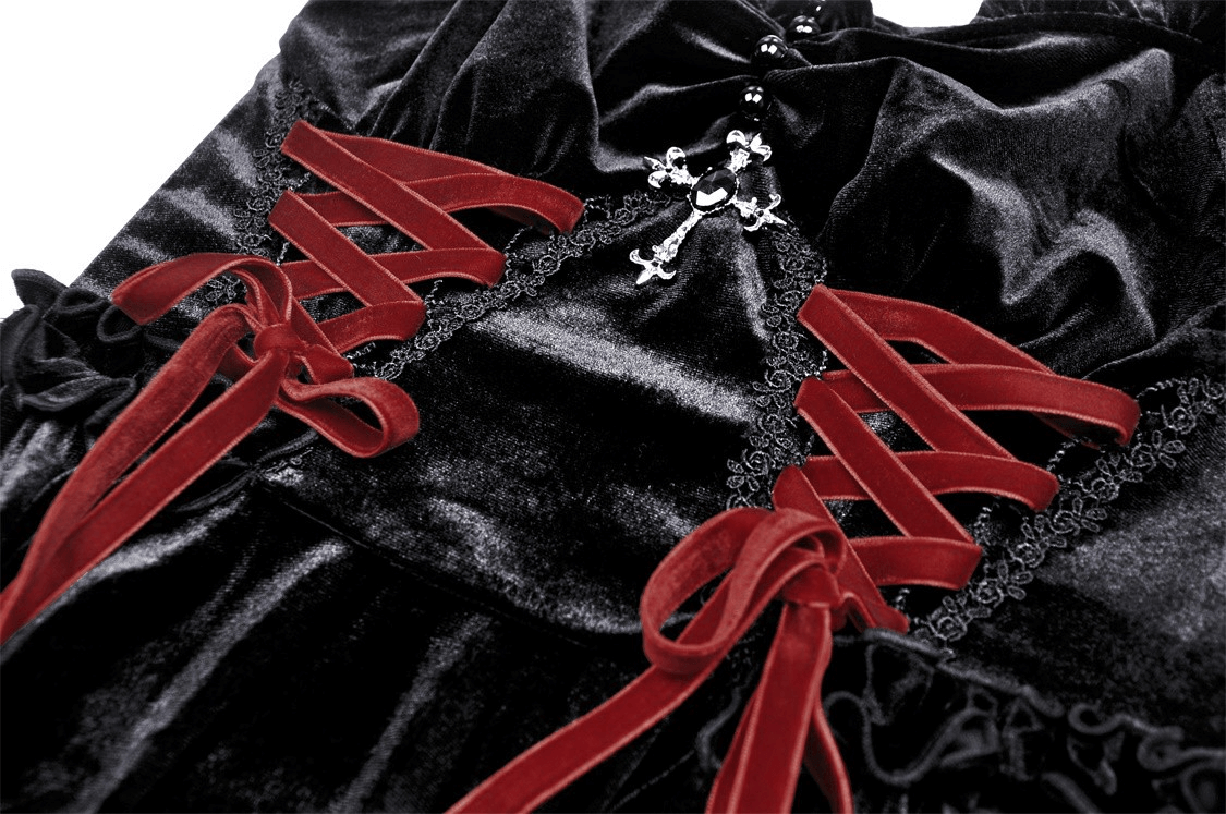 Black Velvet Gothic Mini Dress with Cross Detail