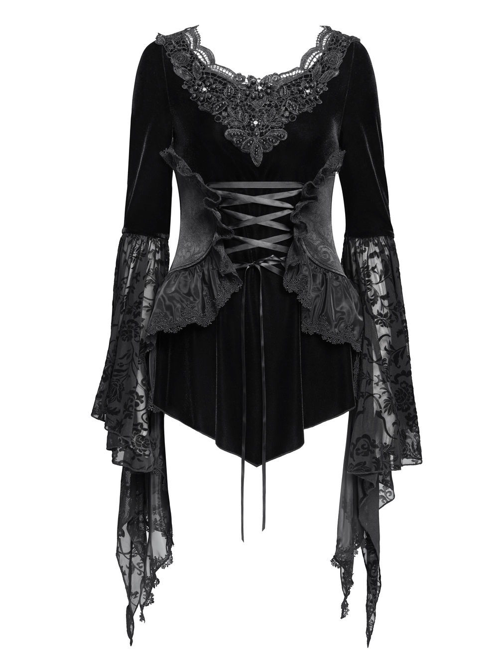 Black Velvet Gothic Top with Corset Front and Lace Sleeves