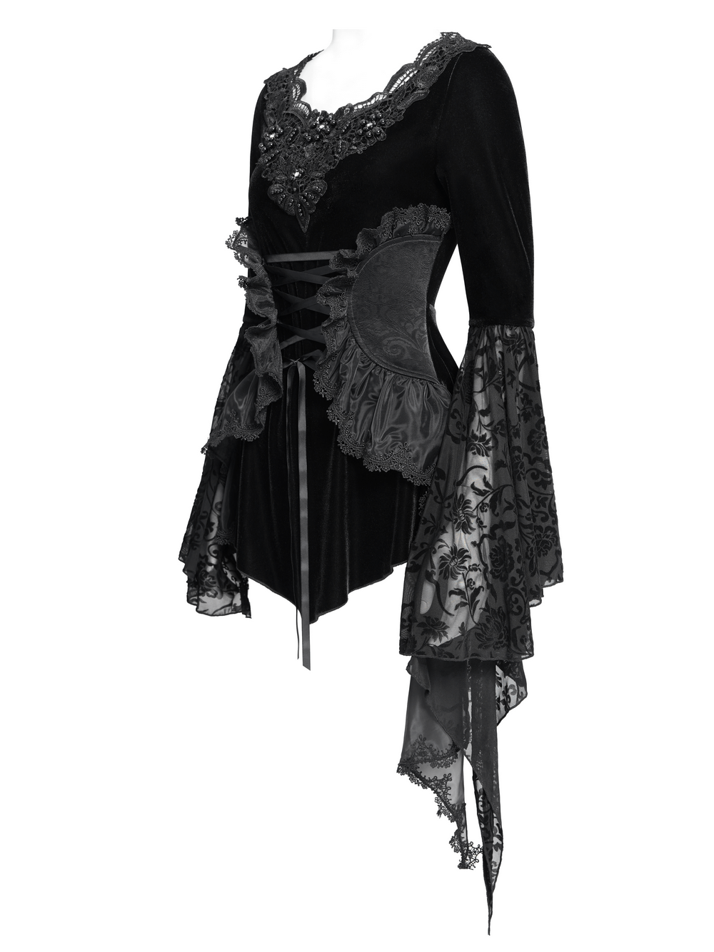 Black Velvet Gothic Top with Corset Front and Lace Sleeves