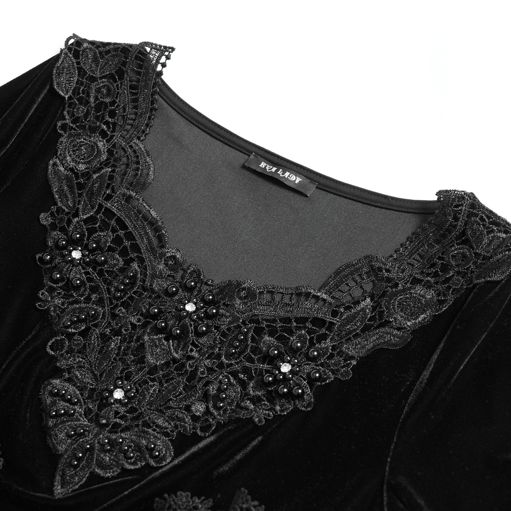 Black Velvet Gothic Top with Corset Front and Lace Sleeves