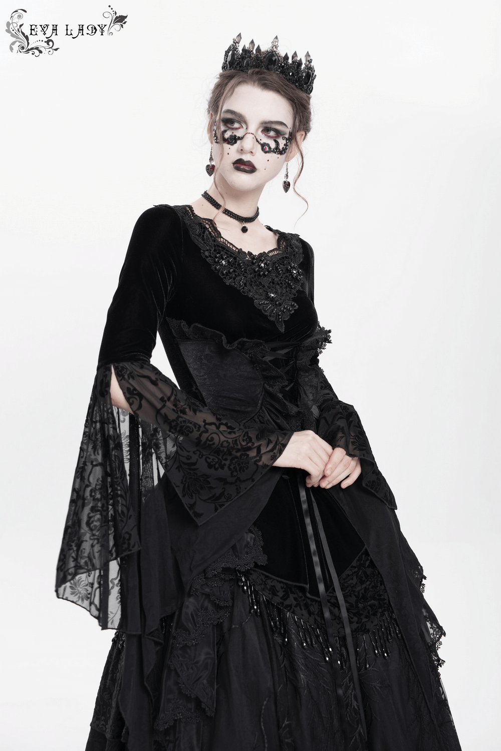 Black Velvet Gothic Top with Corset Front and Lace Sleeves