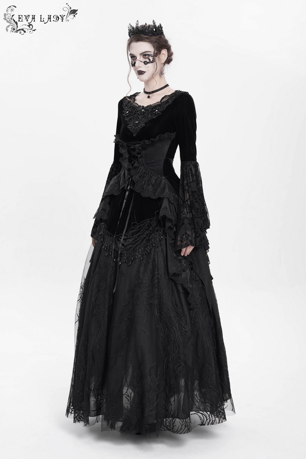 Black Velvet Gothic Top with Corset Front and Lace Sleeves