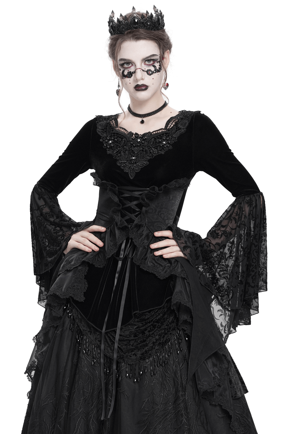 Black Velvet Gothic Top with Corset Front and Lace Sleeves