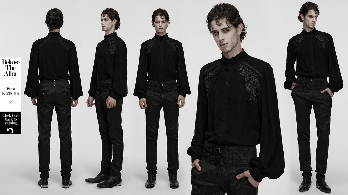 Black Victorian Embroidered Shirt with Lantern Sleeves