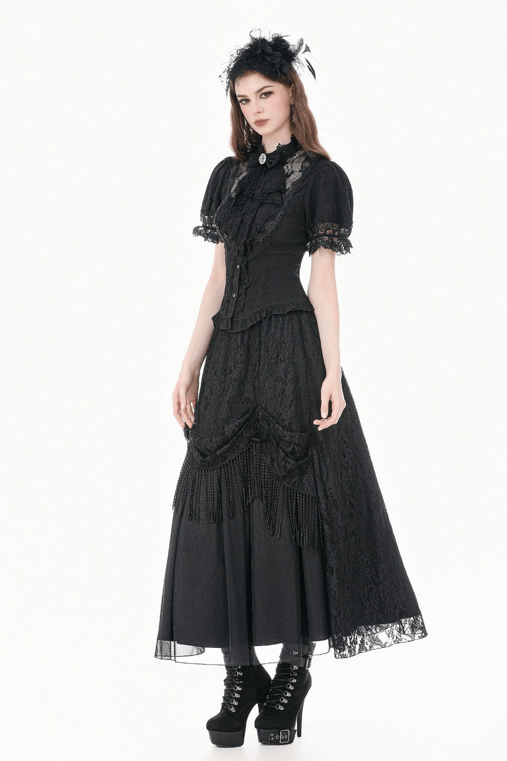 Black Victorian Gothic Blouse with Lace Sleeves