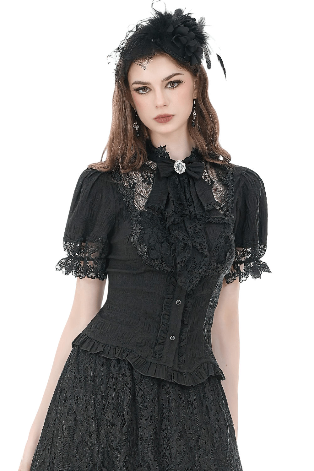 Black Victorian Gothic Blouse with Lace Sleeves