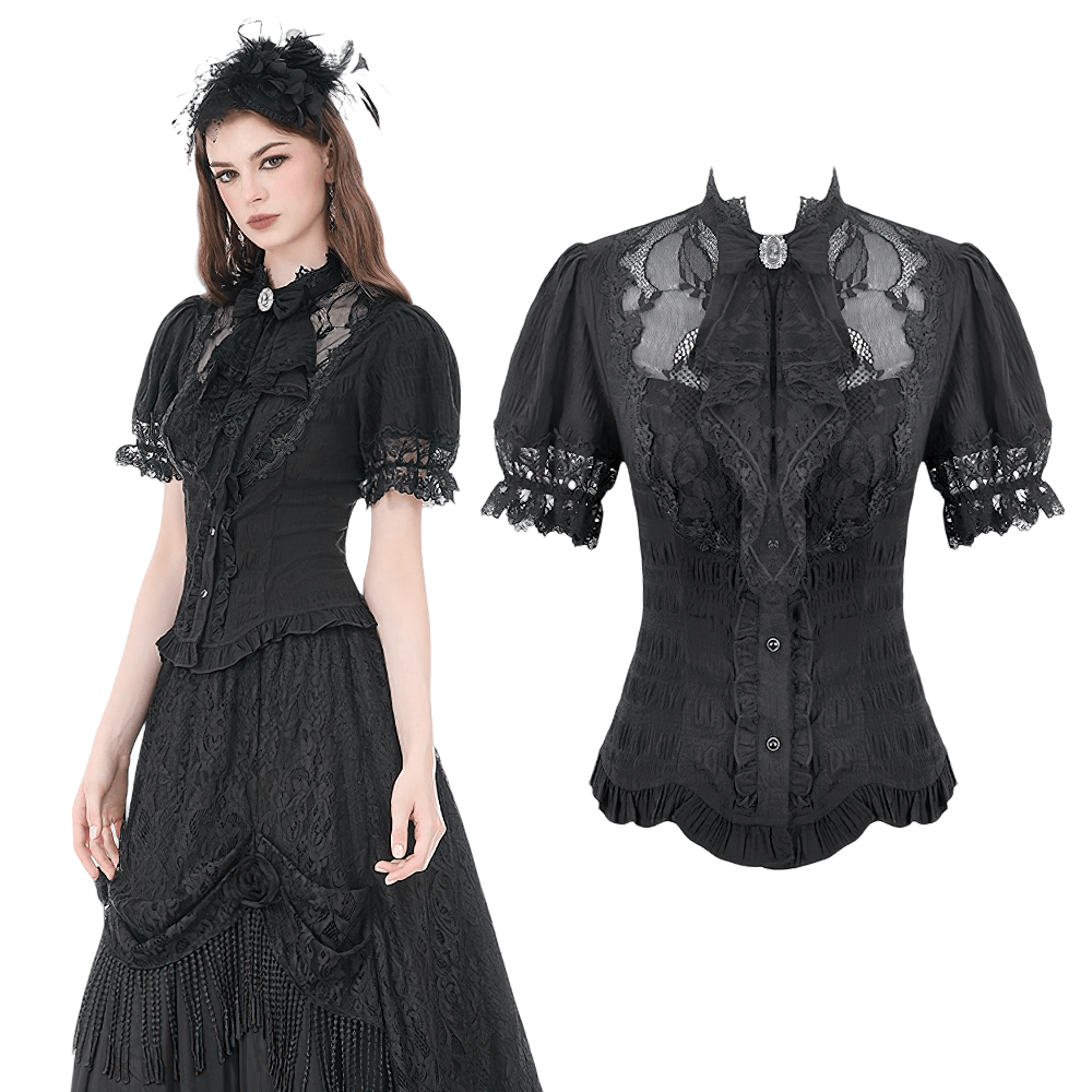 Black Victorian Gothic Blouse with Lace Sleeves