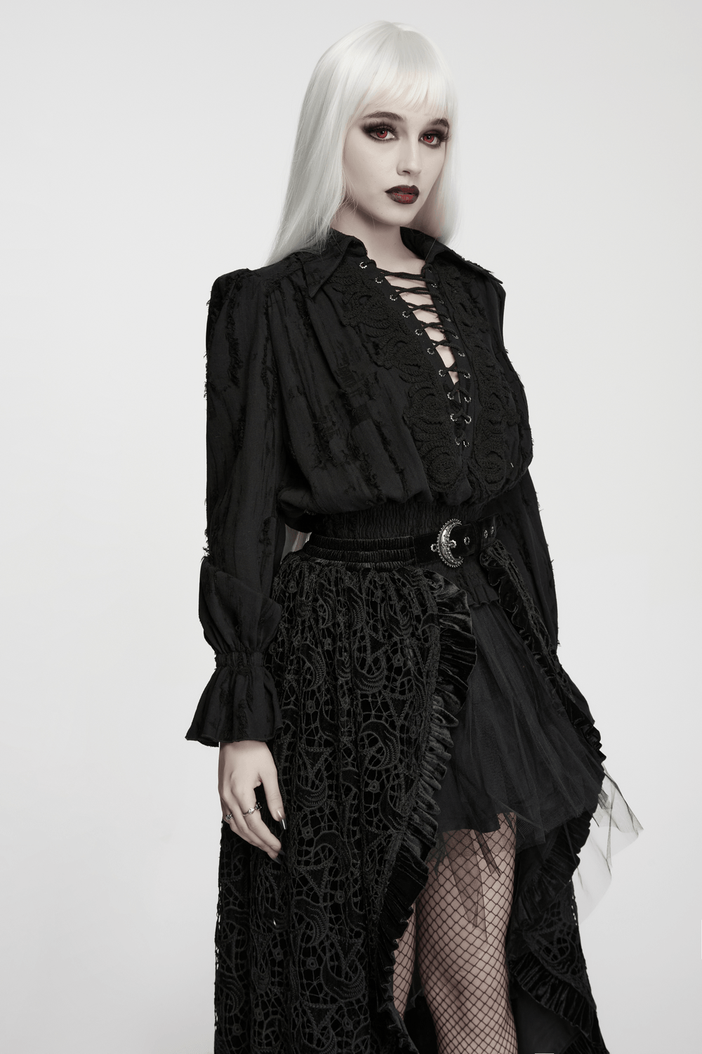 Black Victorian Gothic Ruffle Lace-Up Women's Shirt