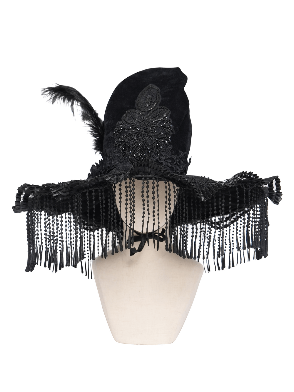 Black Witch Hat with Lace Fringe and Feather Detail