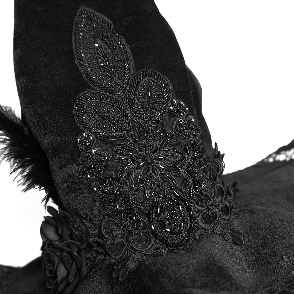 Black Witch Hat with Lace Fringe and Feather Detail