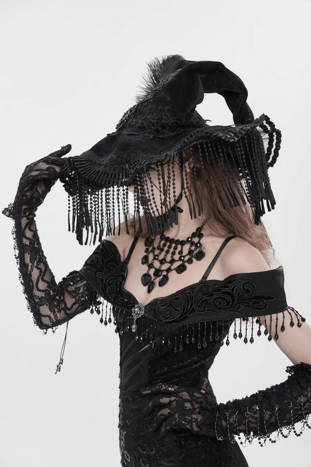 Black Witch Hat with Lace Fringe and Feather Detail
