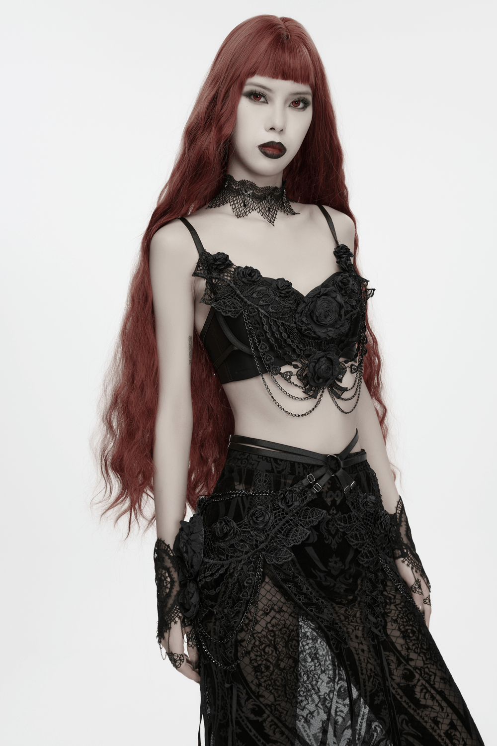 Bloody Rose Goth Lace Chain Bralet with Floral Detail