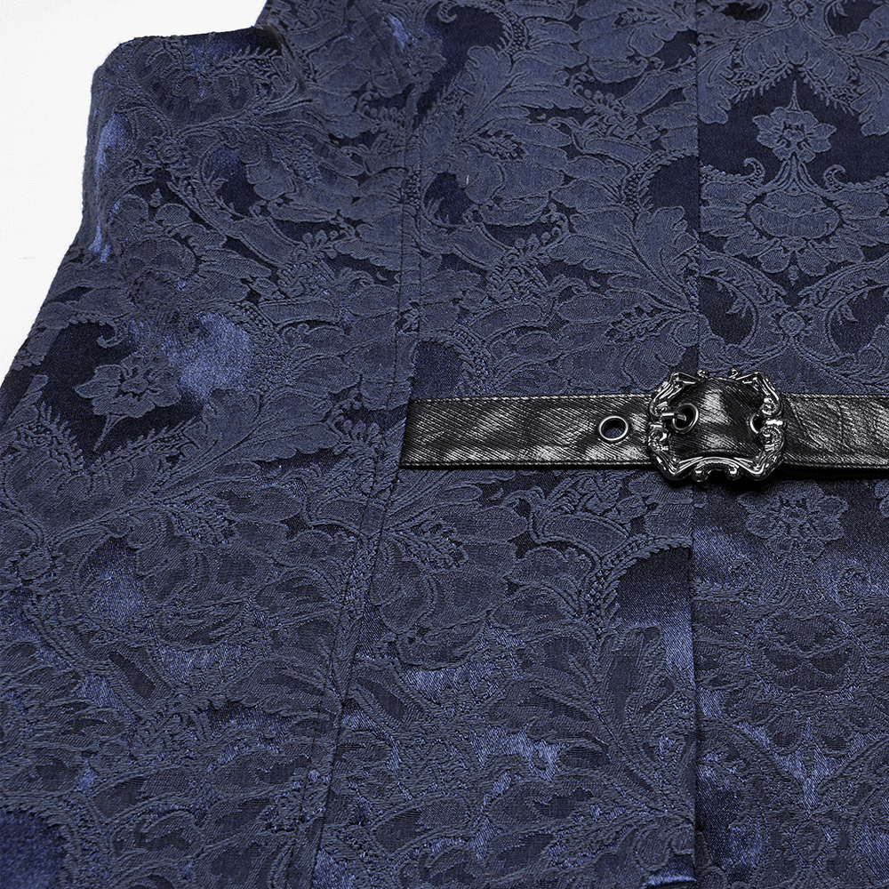 US SALE of Blue Gothic Brocade Waistcoat with Leather Lapel Buckles
