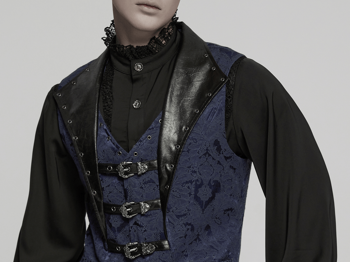 US SALE of Blue Gothic Brocade Waistcoat with Leather Lapel Buckles