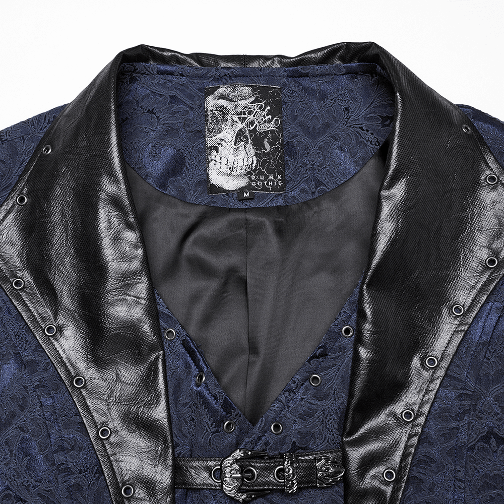 US SALE of Blue Gothic Brocade Waistcoat with Leather Lapel Buckles