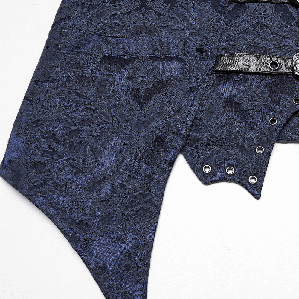 US SALE of Blue Gothic Brocade Waistcoat with Leather Lapel Buckles