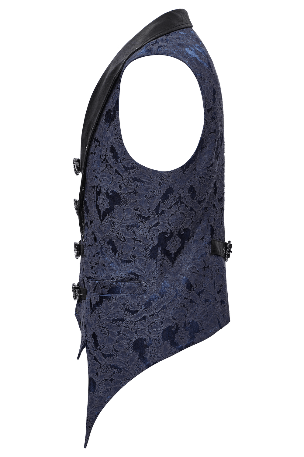 US SALE of Blue Gothic Brocade Waistcoat with Leather Lapel Buckles