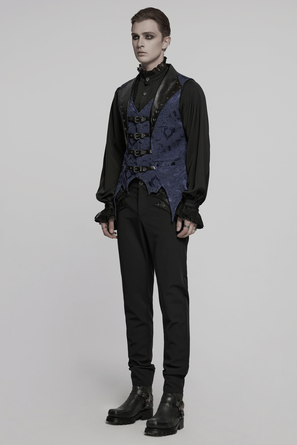 US SALE of Blue Gothic Brocade Waistcoat with Leather Lapel Buckles