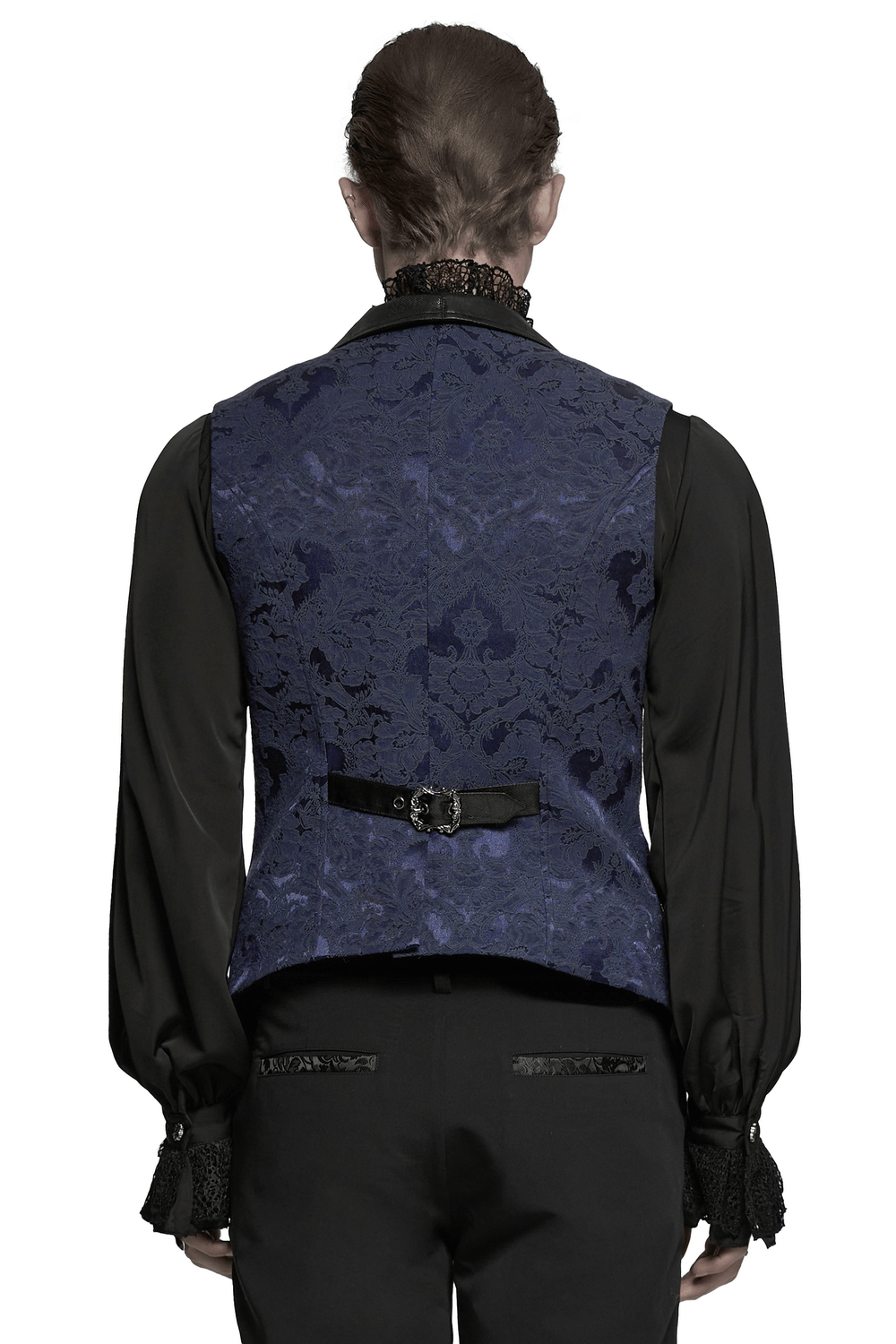 US SALE of Blue Gothic Brocade Waistcoat with Leather Lapel Buckles