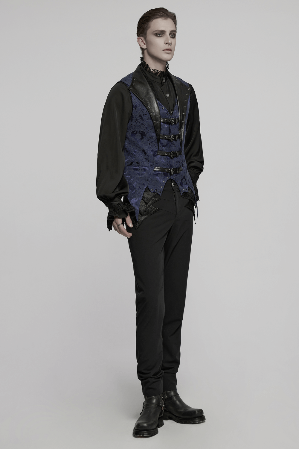 US SALE of Blue Gothic Brocade Waistcoat with Leather Lapel Buckles