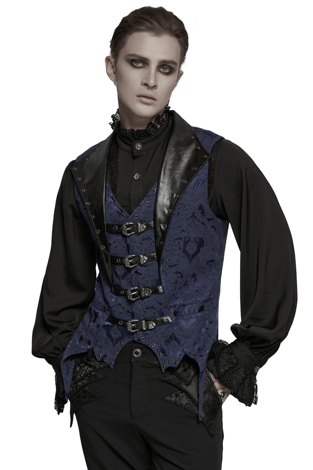 US SALE of Blue Gothic Brocade Waistcoat with Leather Lapel Buckles
