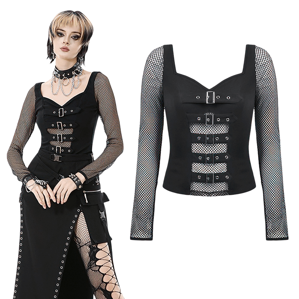 Bold Black Mesh Sleeved Top with Buckle Detailing