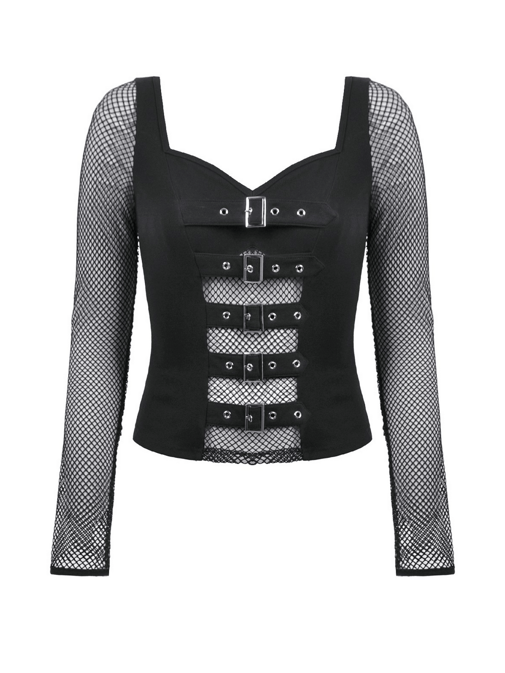 Bold Black Mesh Sleeved Top with Buckle Detailing