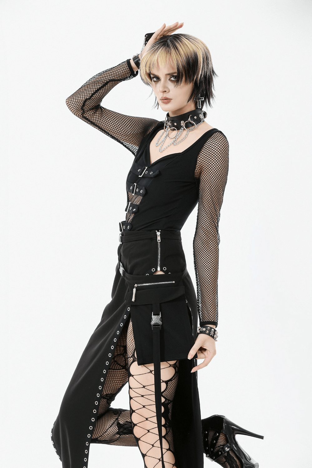 Bold Black Mesh Sleeved Top with Buckle Detailing