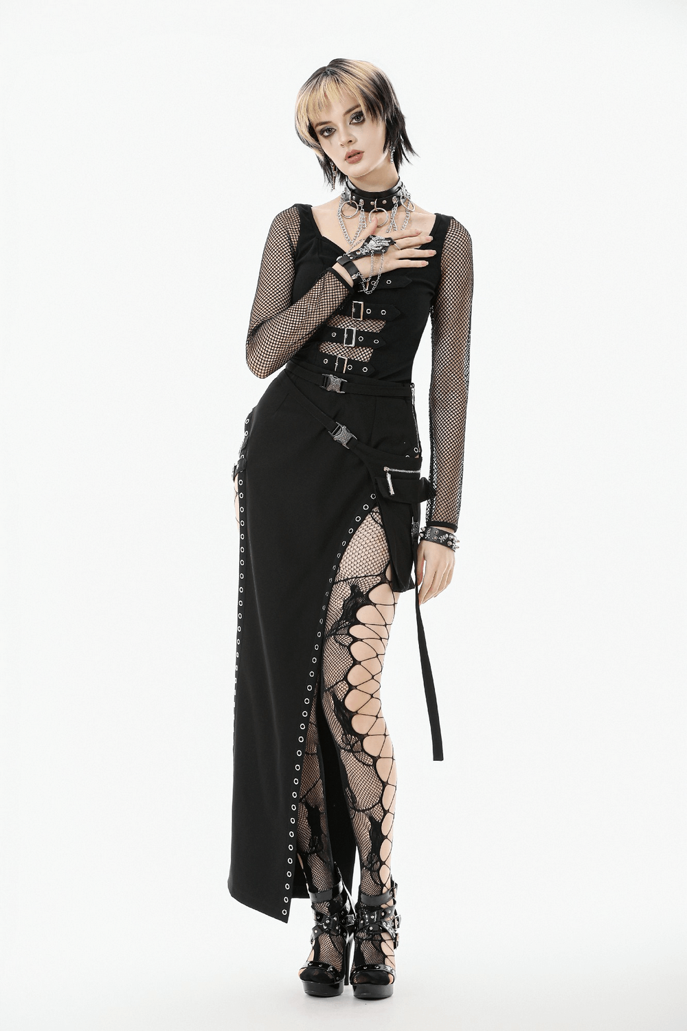 Bold Black Mesh Sleeved Top with Buckle Detailing