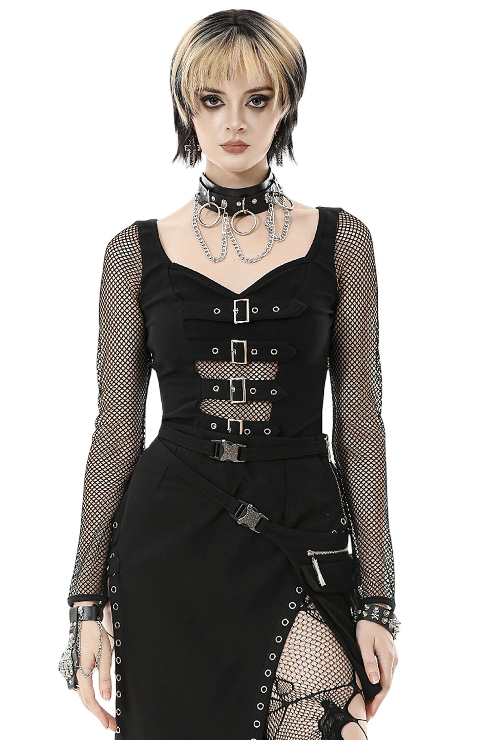 Bold Black Mesh Sleeved Top with Buckle Detailing