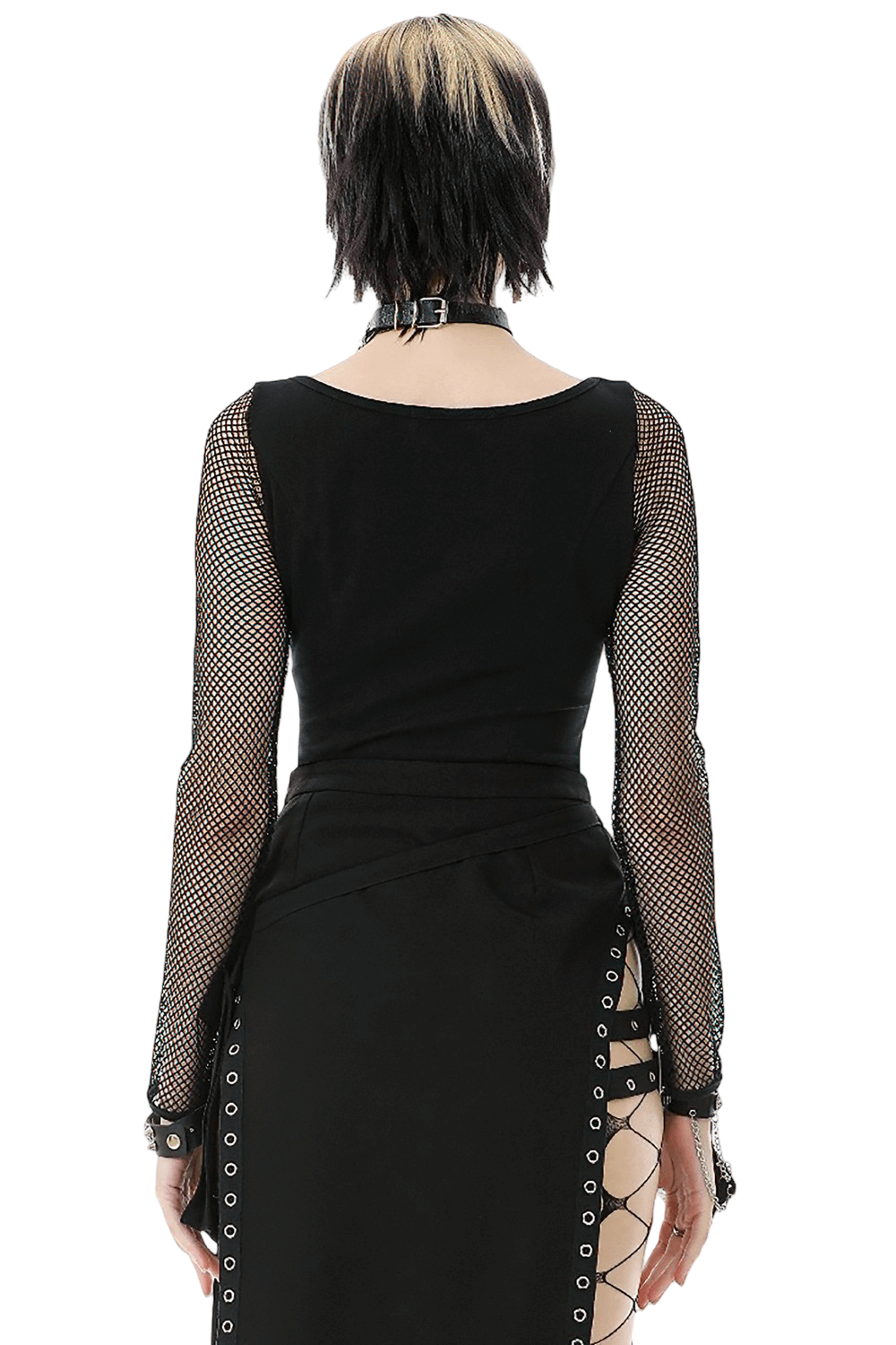 Bold Black Mesh Sleeved Top with Buckle Detailing