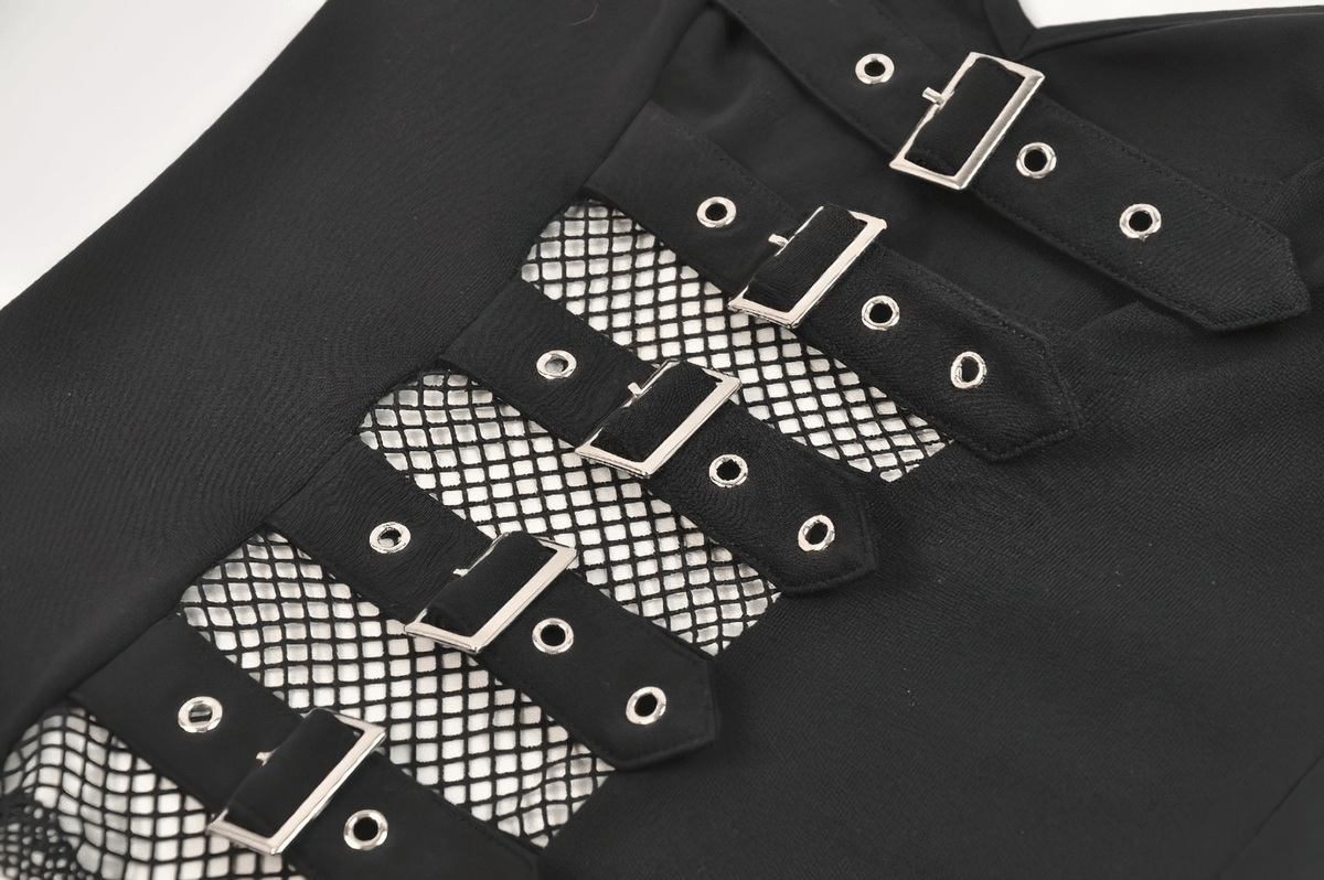 Bold Black Mesh Sleeved Top with Buckle Detailing