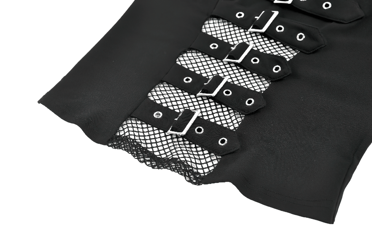 Bold Black Mesh Sleeved Top with Buckle Detailing