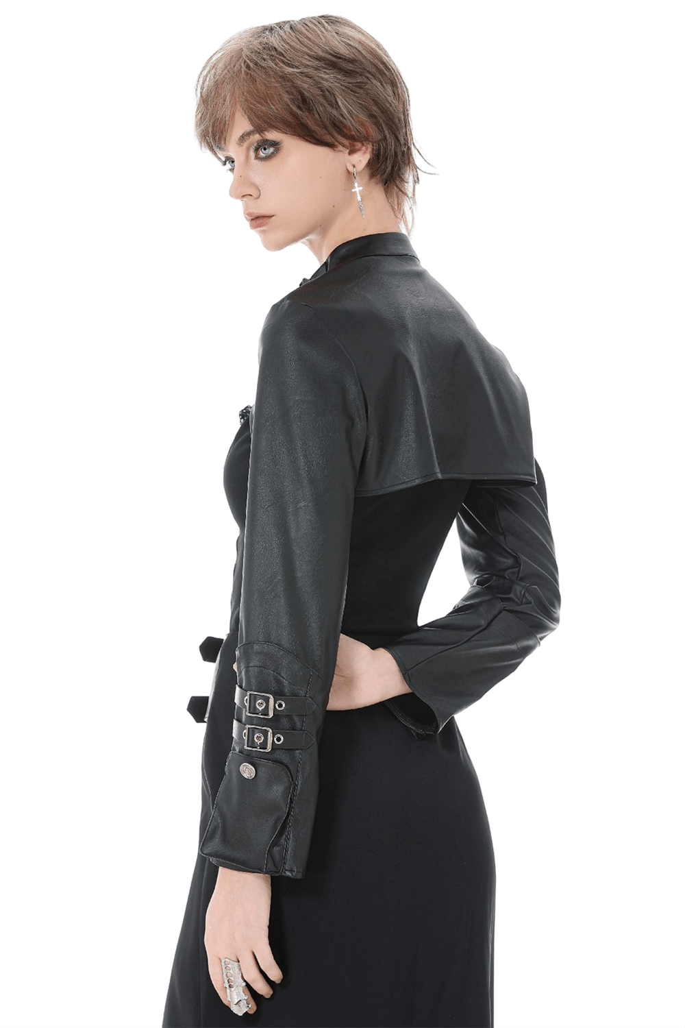 Bold Cropped Cape with Buckles and Long Sleeves