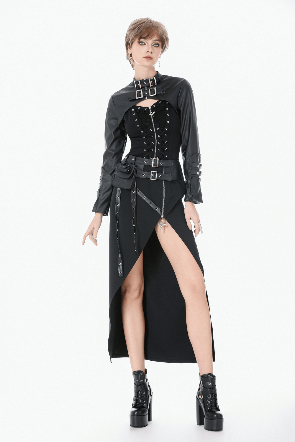 Bold Cropped Cape with Buckles and Long Sleeves