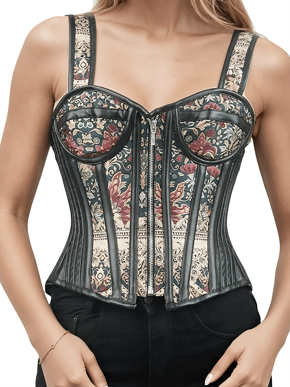 Bold Floral Prined Overbust Corset with Straps