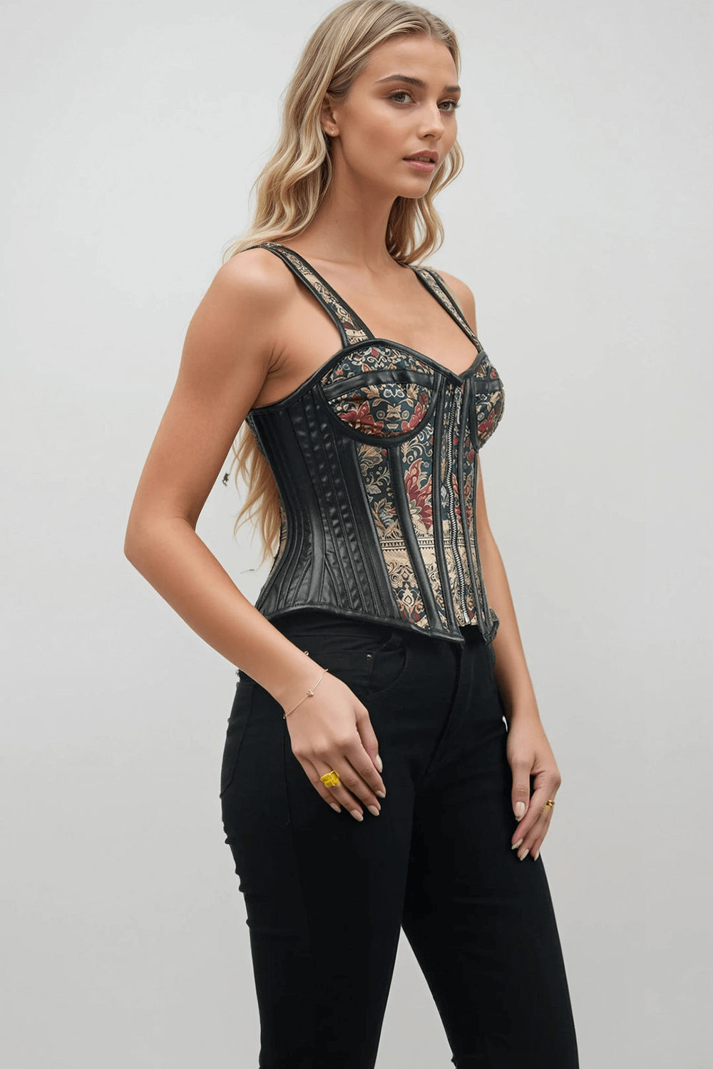 Bold Floral Prined Overbust Corset with Straps