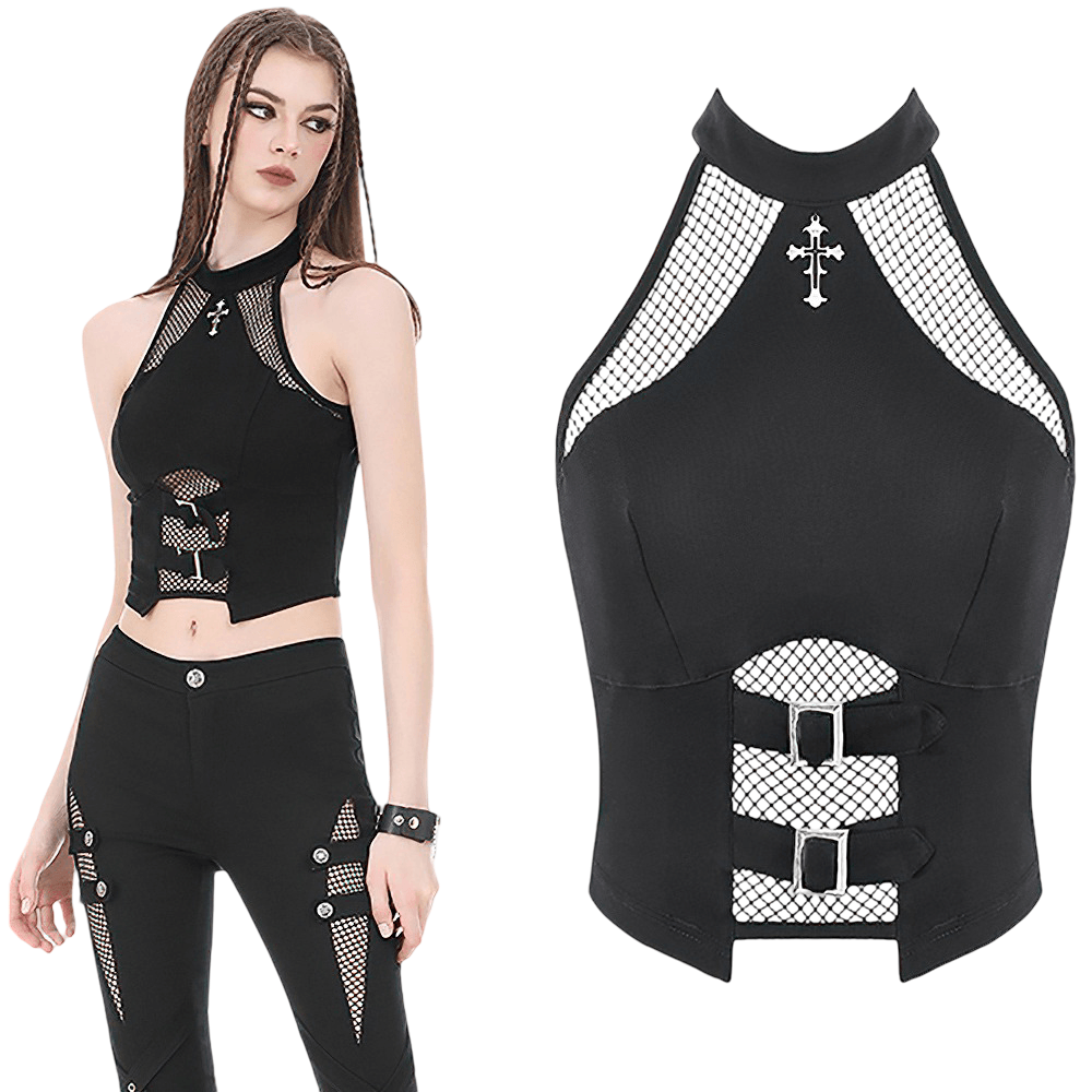 Bold Halter Crop Top with Fishnet Buckle Detail
