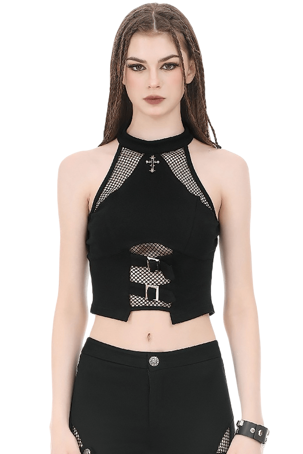 Bold Halter Crop Top with Fishnet Buckle Detail