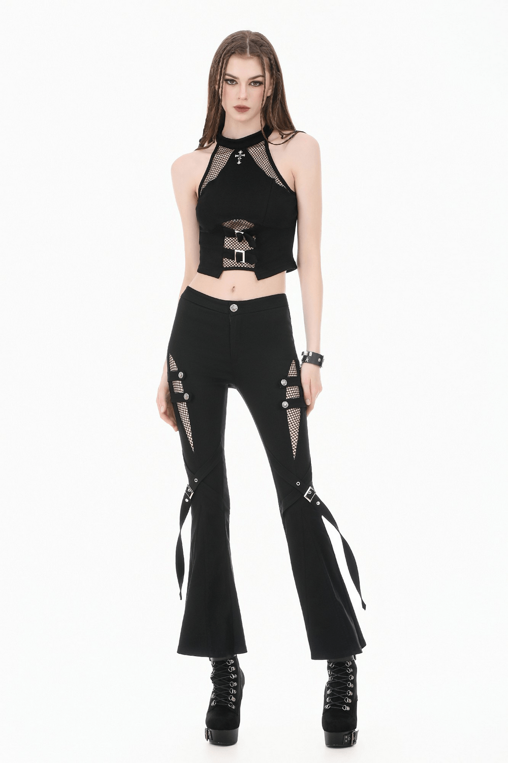 Bold Halter Crop Top with Fishnet Buckle Detail