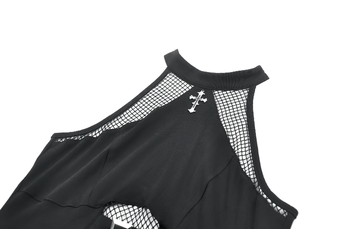 Bold Halter Crop Top with Fishnet Buckle Detail